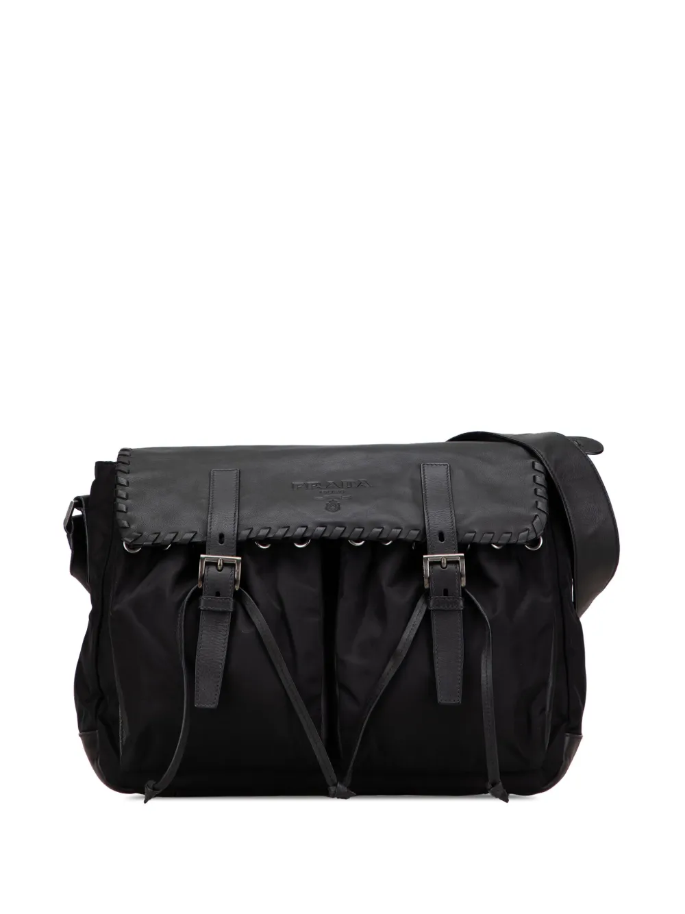 Prada Pre-Owned 2000-2025 Leather Trimmed Tessuto Double Buckle Messenger Bag crossbody bag | Black | Image 1