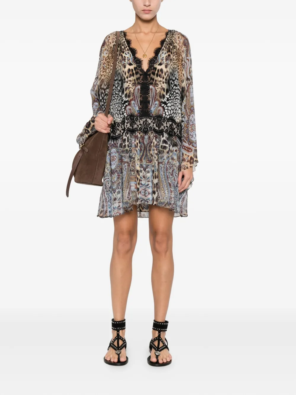 Camilla Jurk met dierenprint en kanten afwerking - Beige