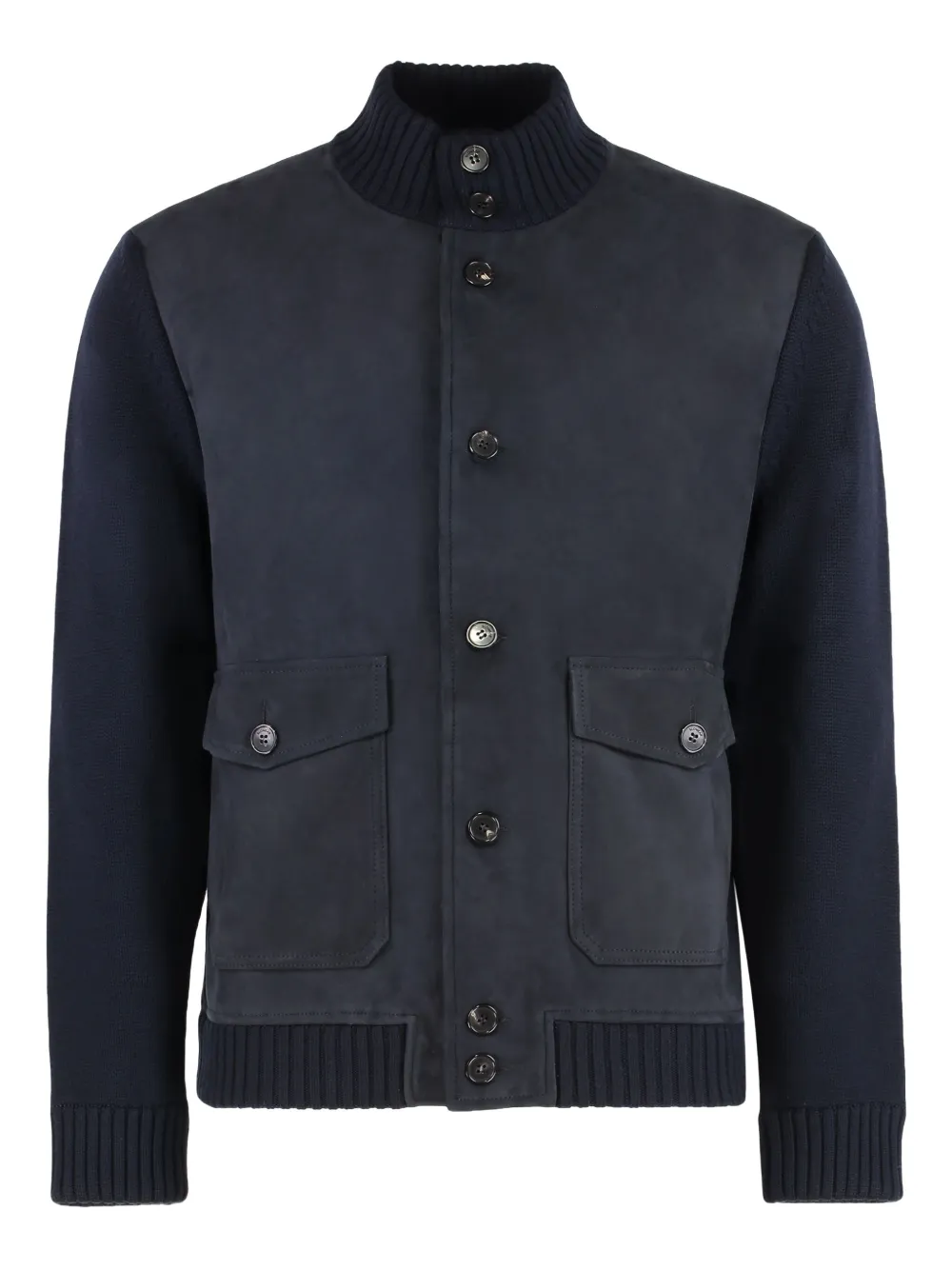 Slowear Cardigan With Front Panel In Leather In Blue