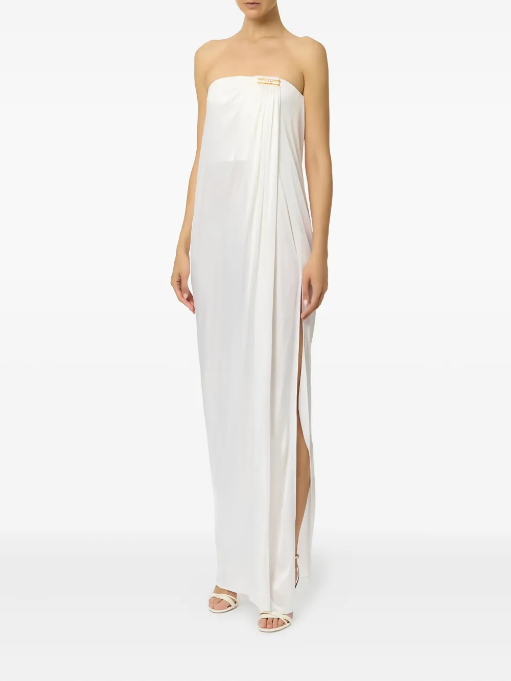 Elisabetta Franchi bare-shoulders jewel-plaque maxi dress - Wit