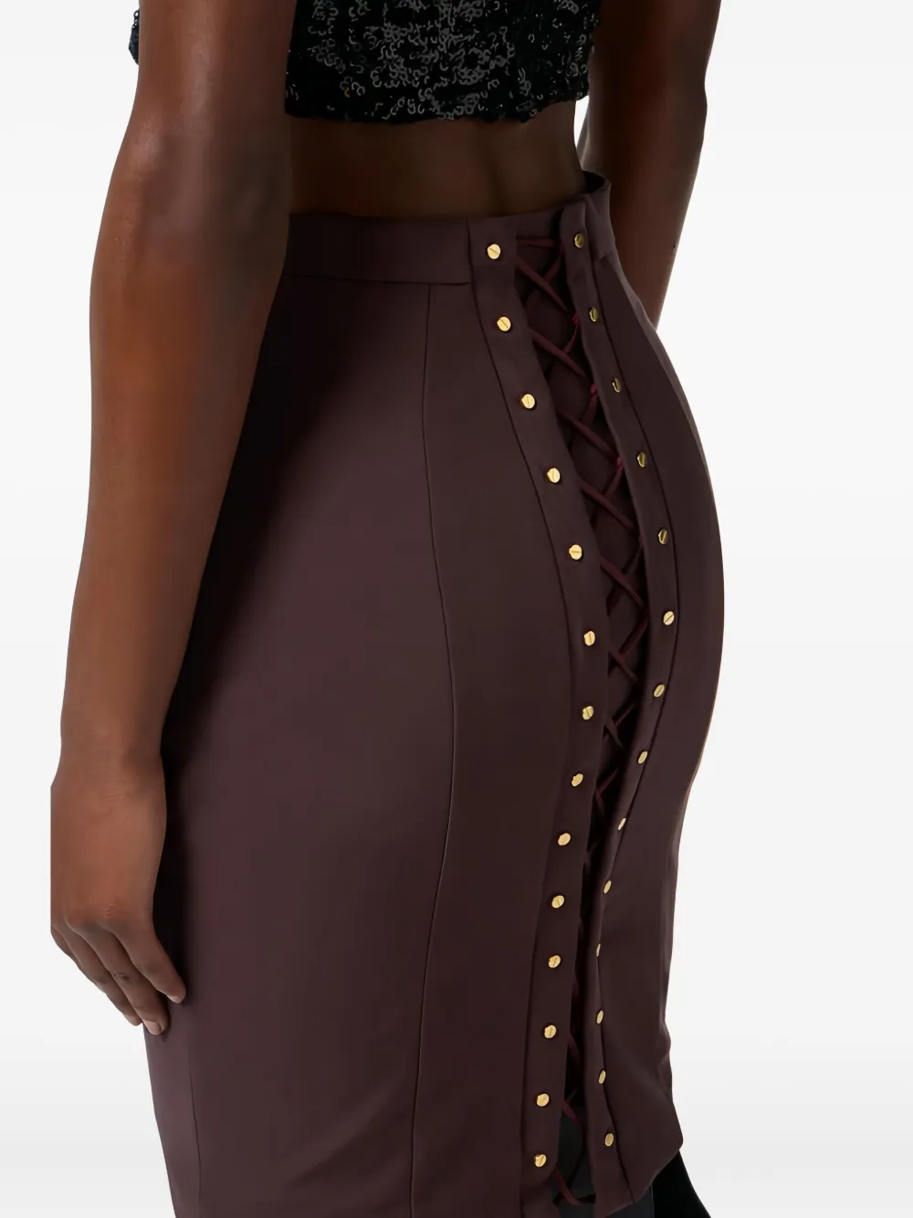 Elisabetta Franchi Rok met gekruiste bandjes en logoplakkaat Paars