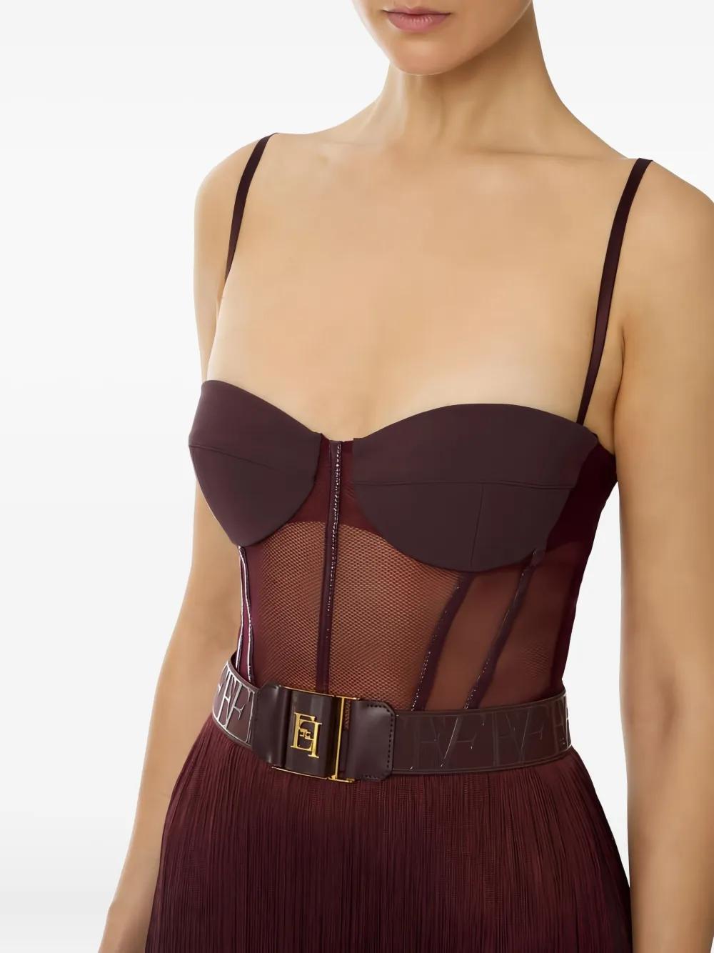 Elisabetta Franchi Mini Dress In Tulle And Fringes In Burgundy