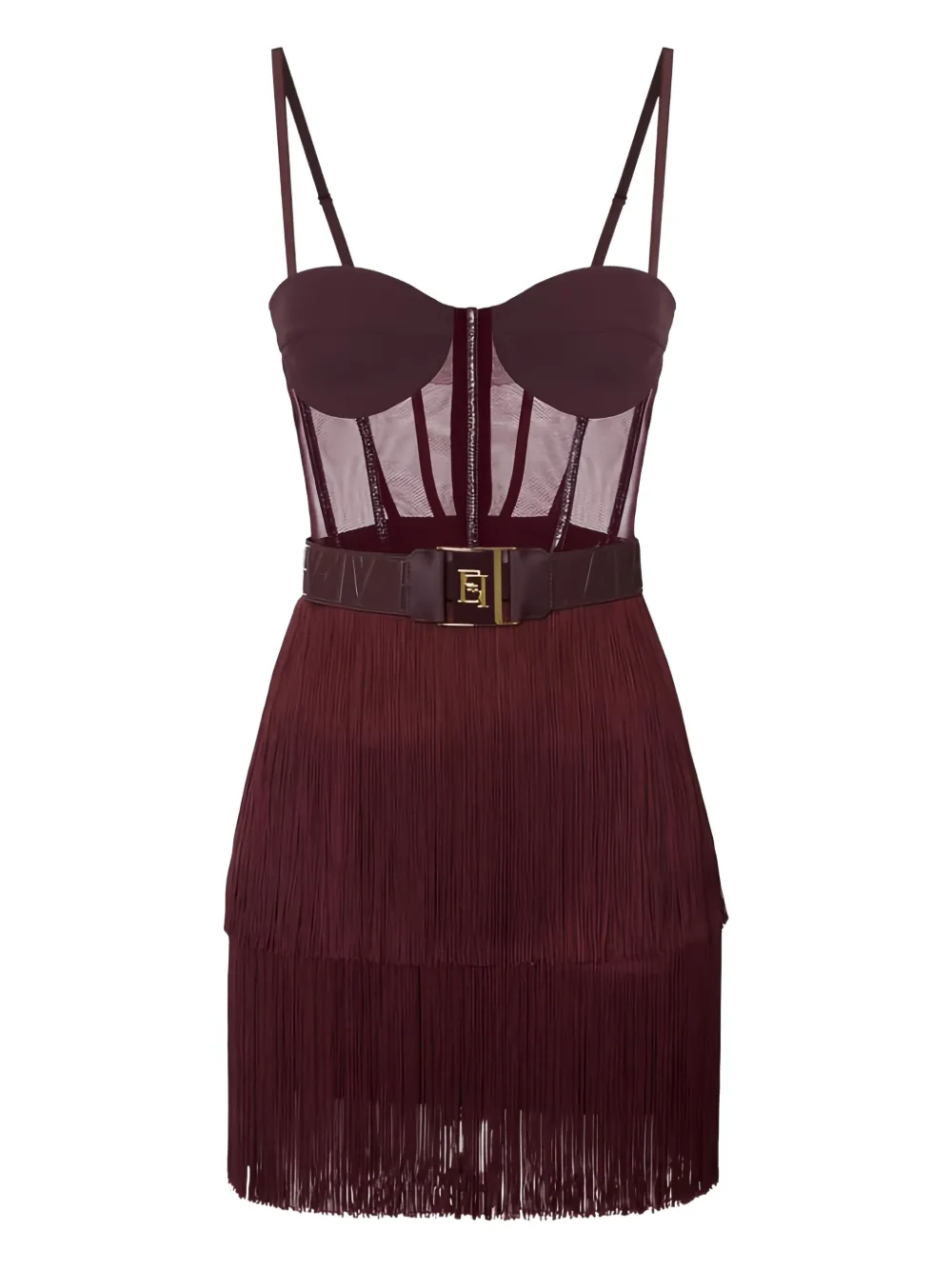 Elisabetta Franchi Mini Dress In Tulle And Fringes In Burgundy