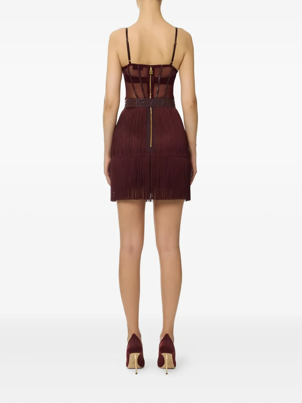 Elisabetta Franchi Mini Dress In Tulle And Fringes In Burgundy