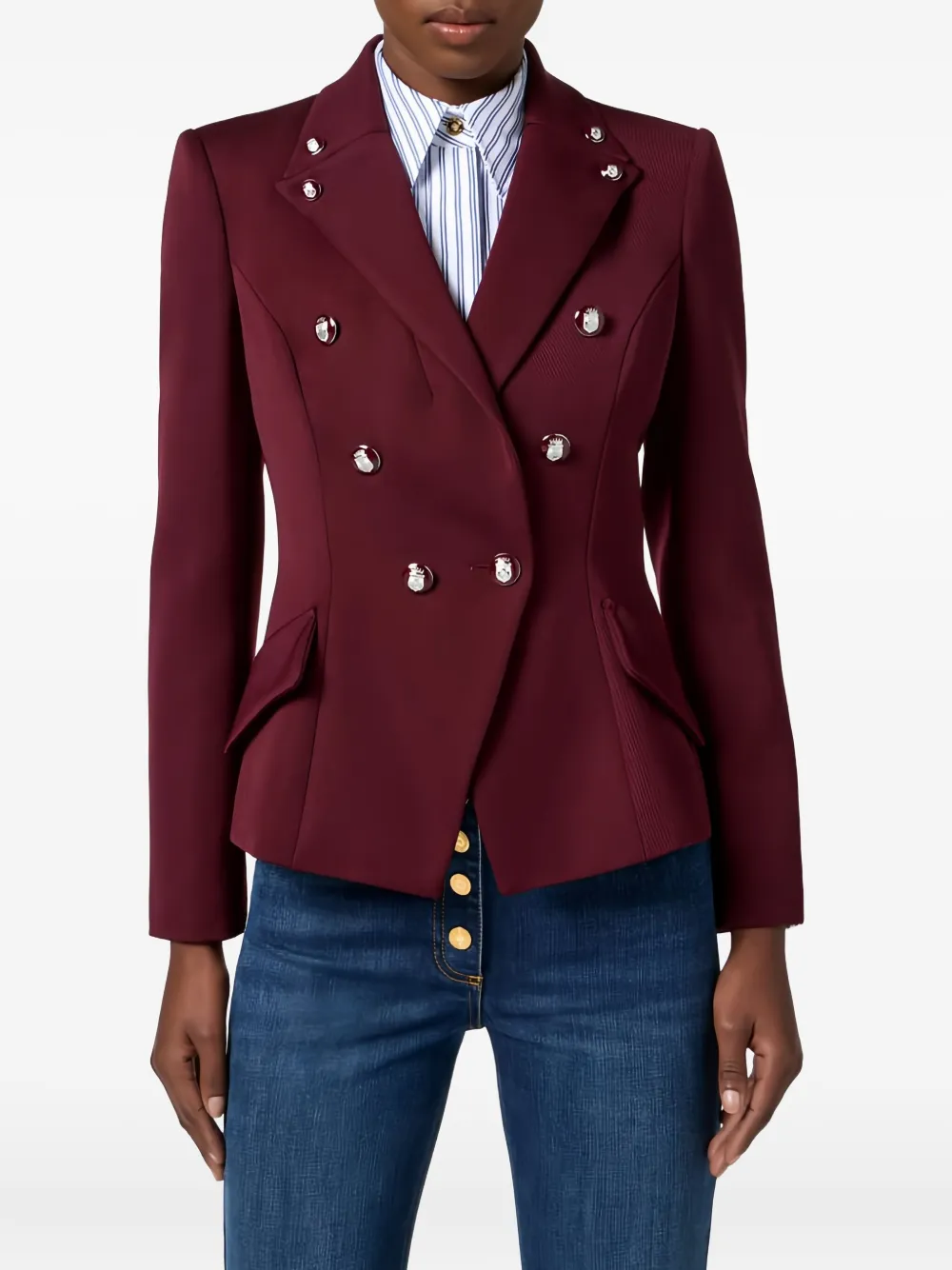 Elisabetta Franchi Double-breasted Enamelled-buttons Blazer In Burgundy
