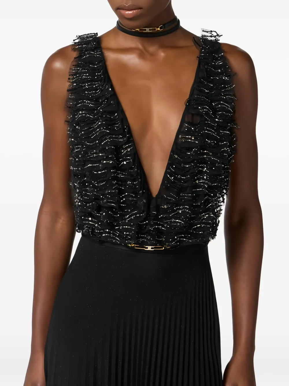 Elisabetta Franchi Abito Red Carpet In Tulle E Jersey Con Cristalli In Black