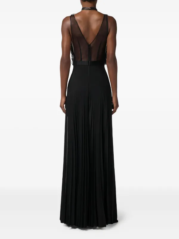 strapless open back dress Designer Inspired Pleated Flowy Halter-Neck Midi Dress in Black