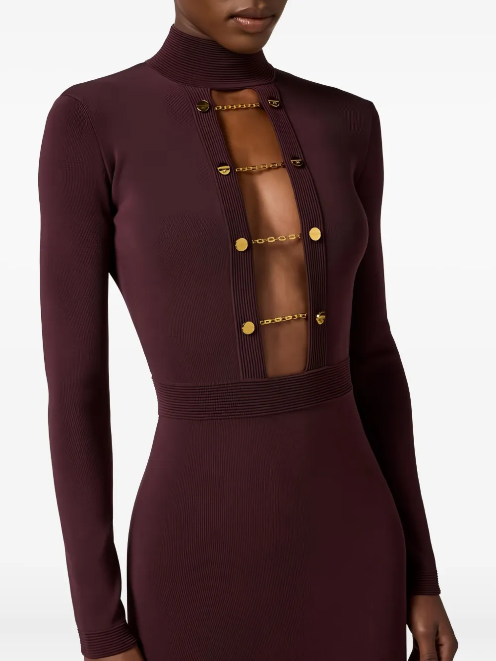 Elisabetta Franchi Burgundy Midi Dress With Gold Chain Cutouts In Red