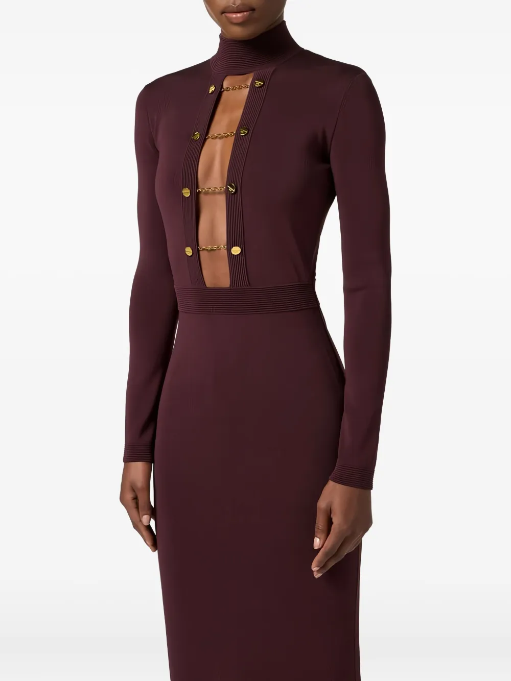 Elisabetta Franchi Burgundy Midi Dress With Gold Chain Cutouts In Red