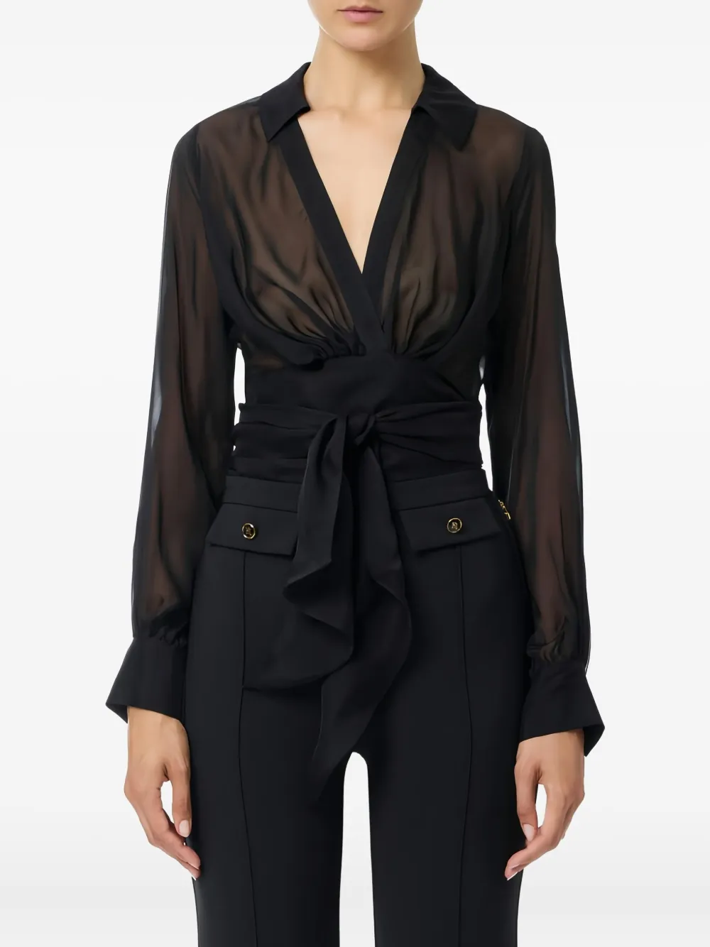 Elisabetta Franchi sash-jewel cuff blouse - Zwart