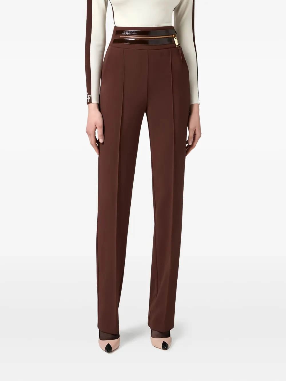 Elisabetta Franchi High-waistband Zip Trousers In Brown