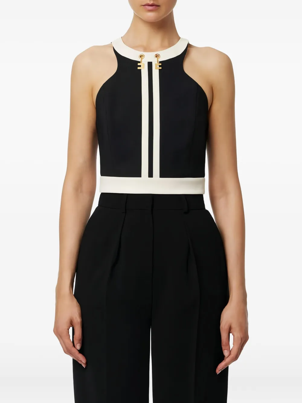 Elisabetta Franchi Colour-blocking Logo-chain Top In Black