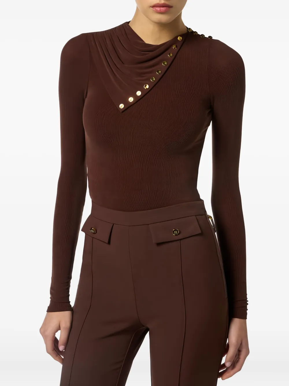 Elisabetta Franchi Gedrapeerde cupro top met knopen Bruin