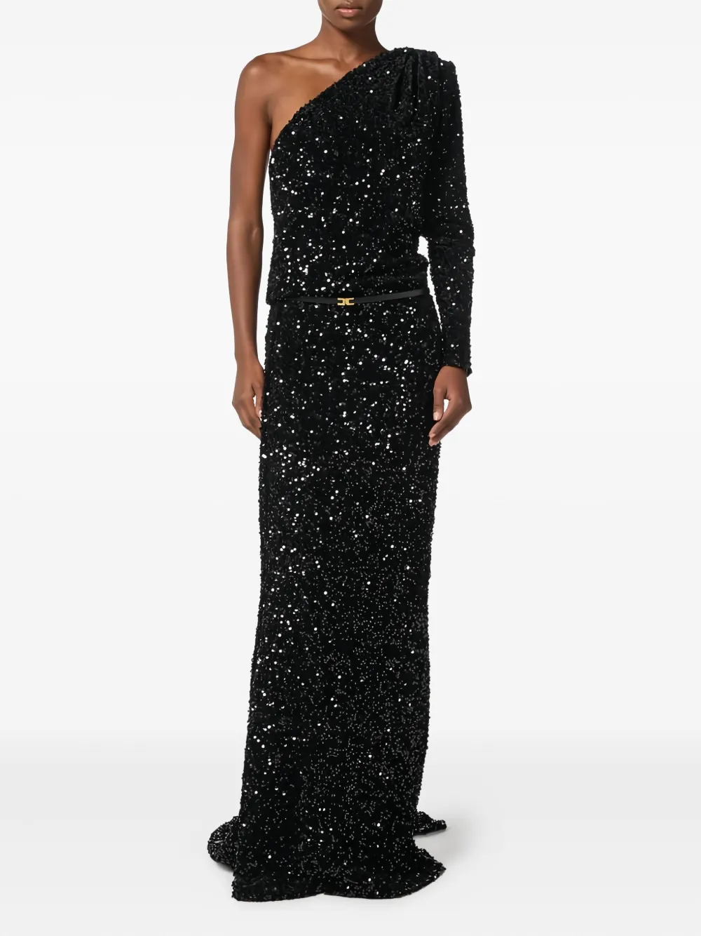 Elisabetta Franchi Sequin Asymmetrical Maxi Dress In Black