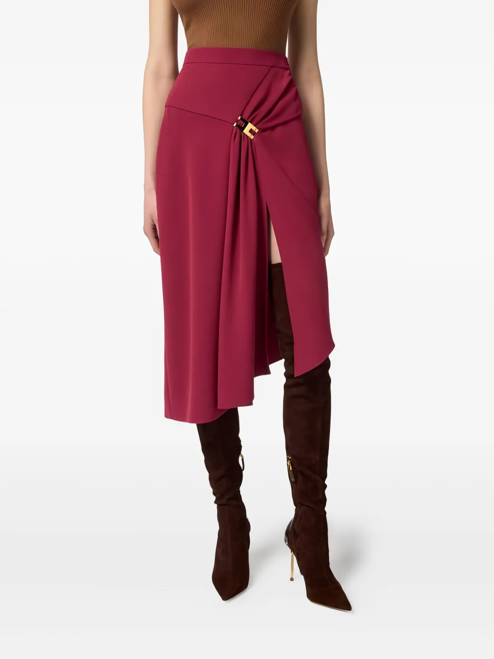 Elisabetta Franchi Draping-jewel Logo Midi Skirt In Red