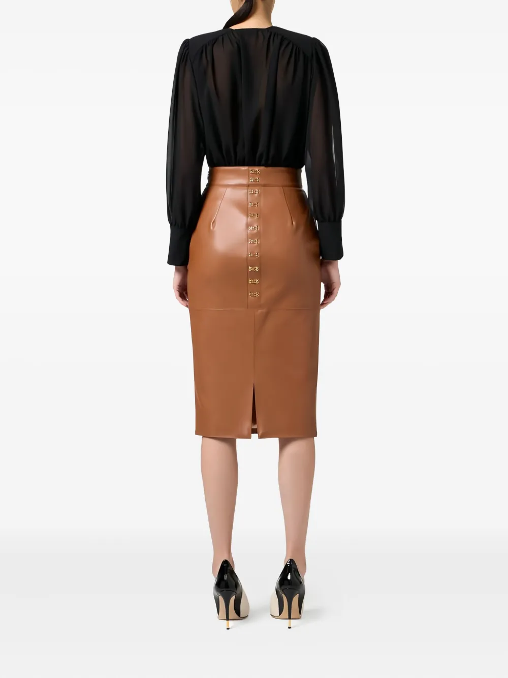 Elisabetta Franchi Pencil Skirt With Jewelled Hooks In Brown