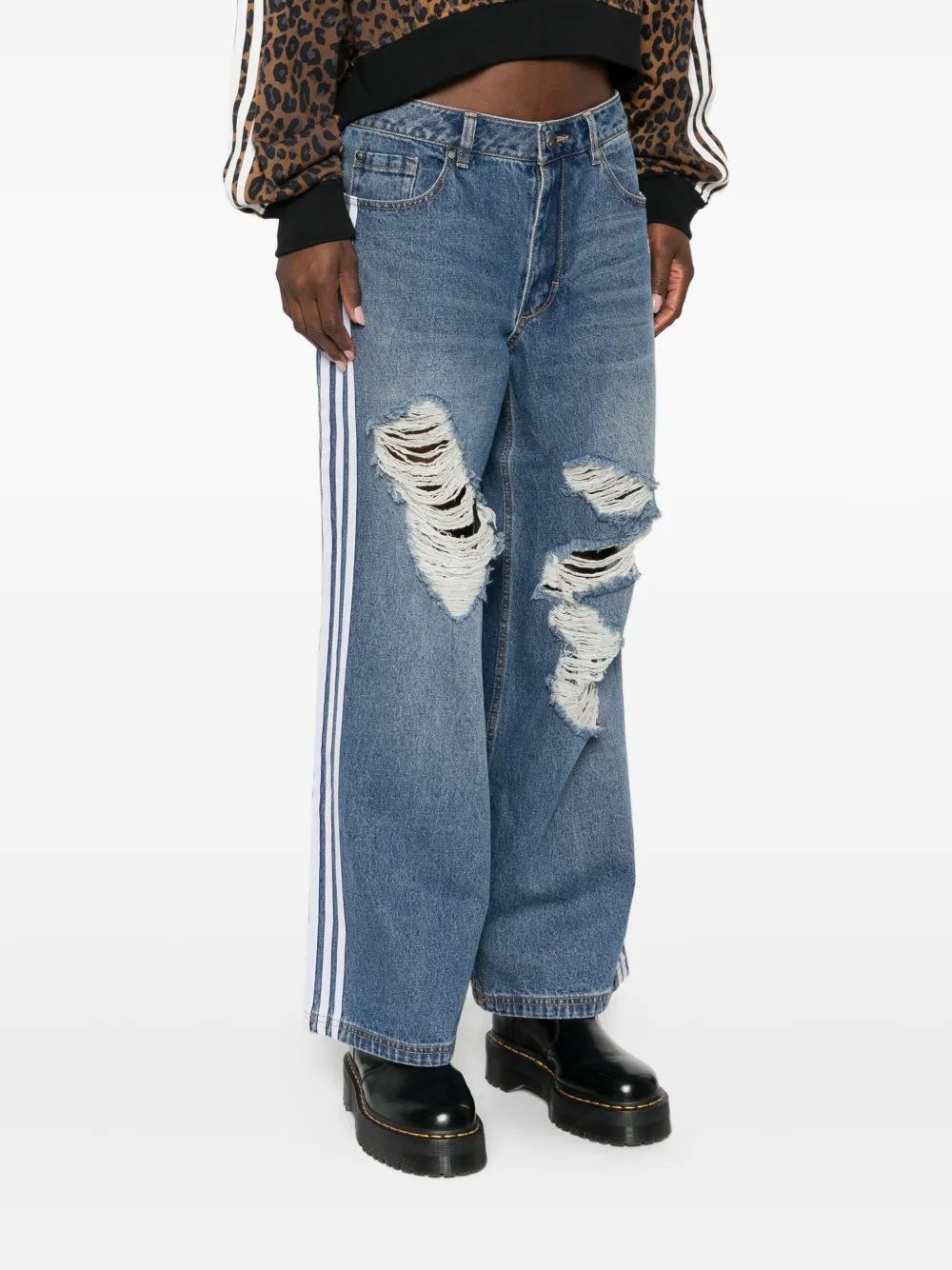 adidas Gestreepte jeans met gerafeld detail Blauw