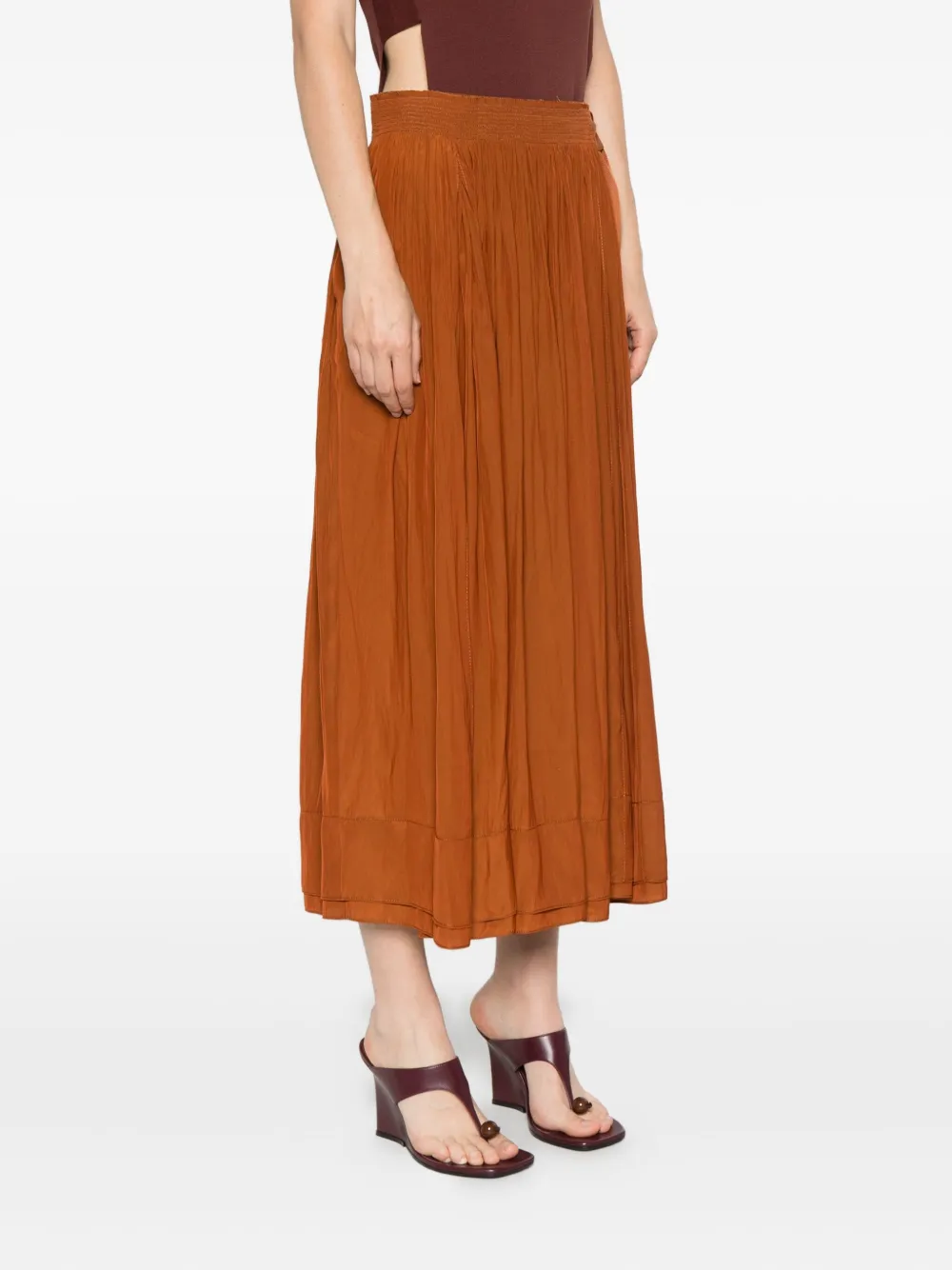 Lanvin Pleated Midi Skirt Ribbon Detail In Brown