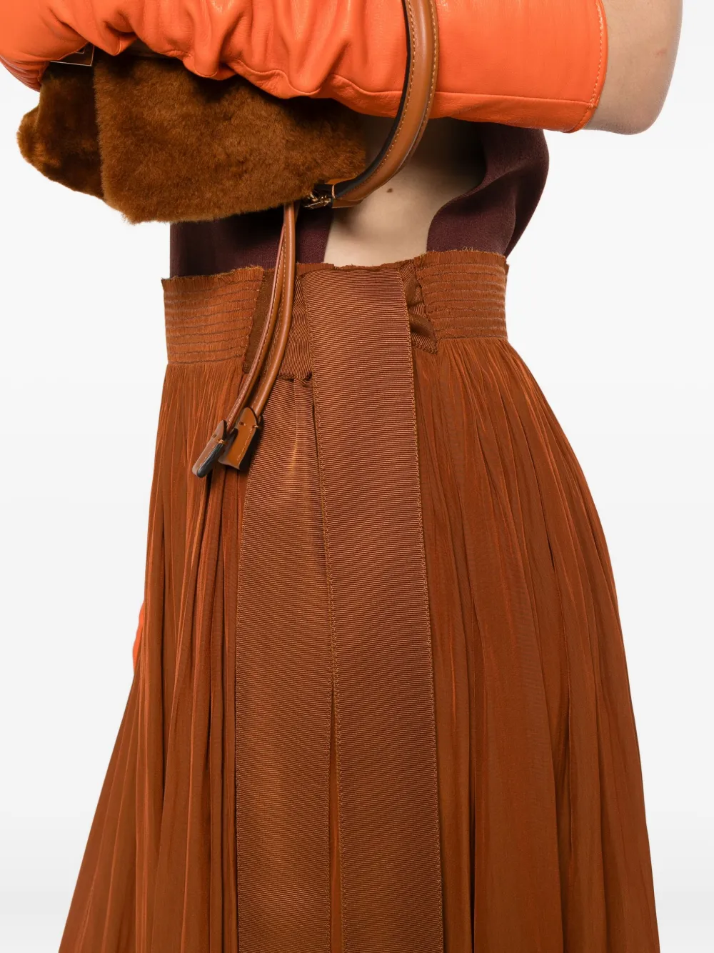 Lanvin Pleated Midi Skirt Ribbon Detail In Brown