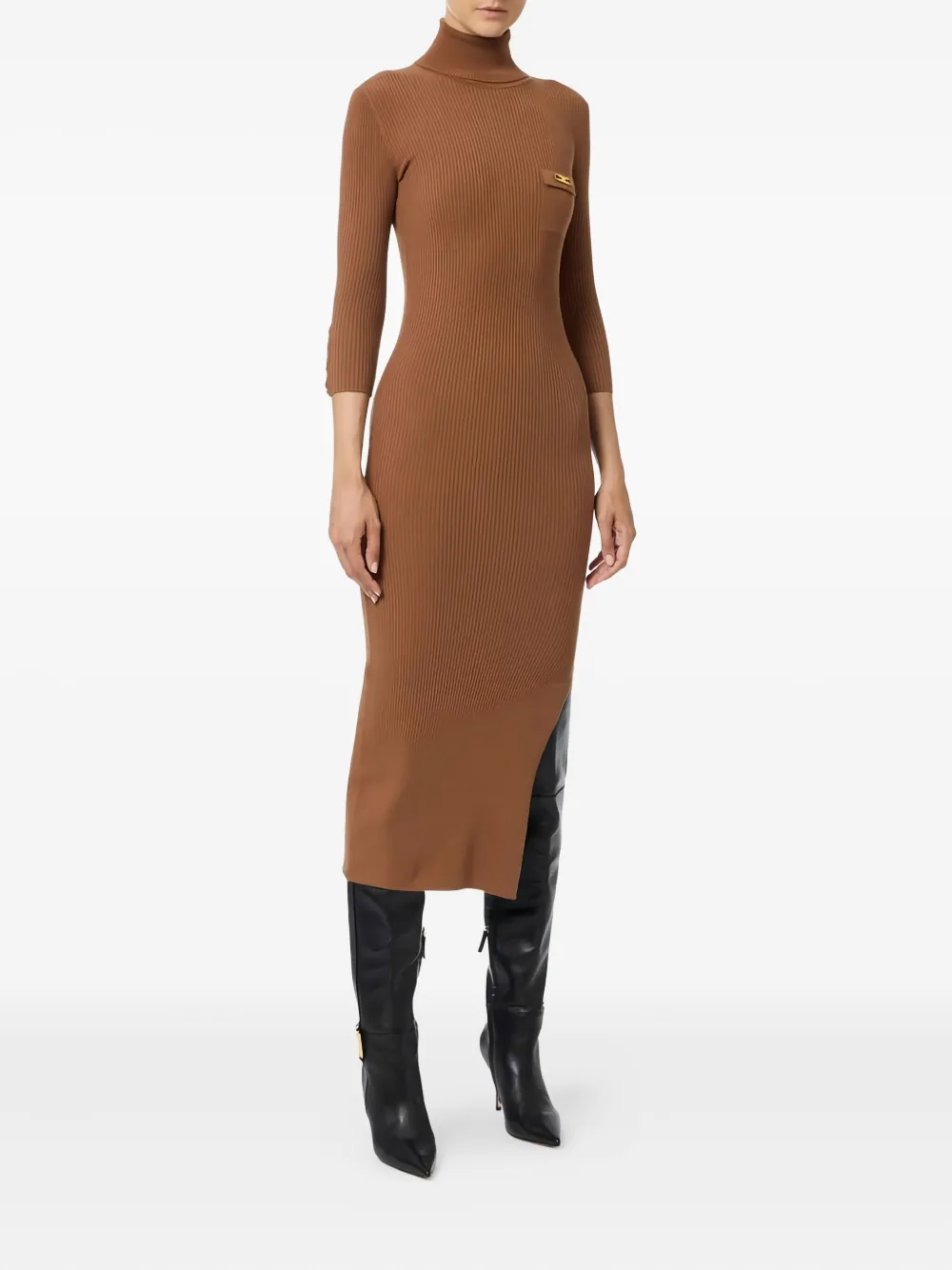 Elisabetta Franchi ribbed chest-pocket midi dress - Bruin