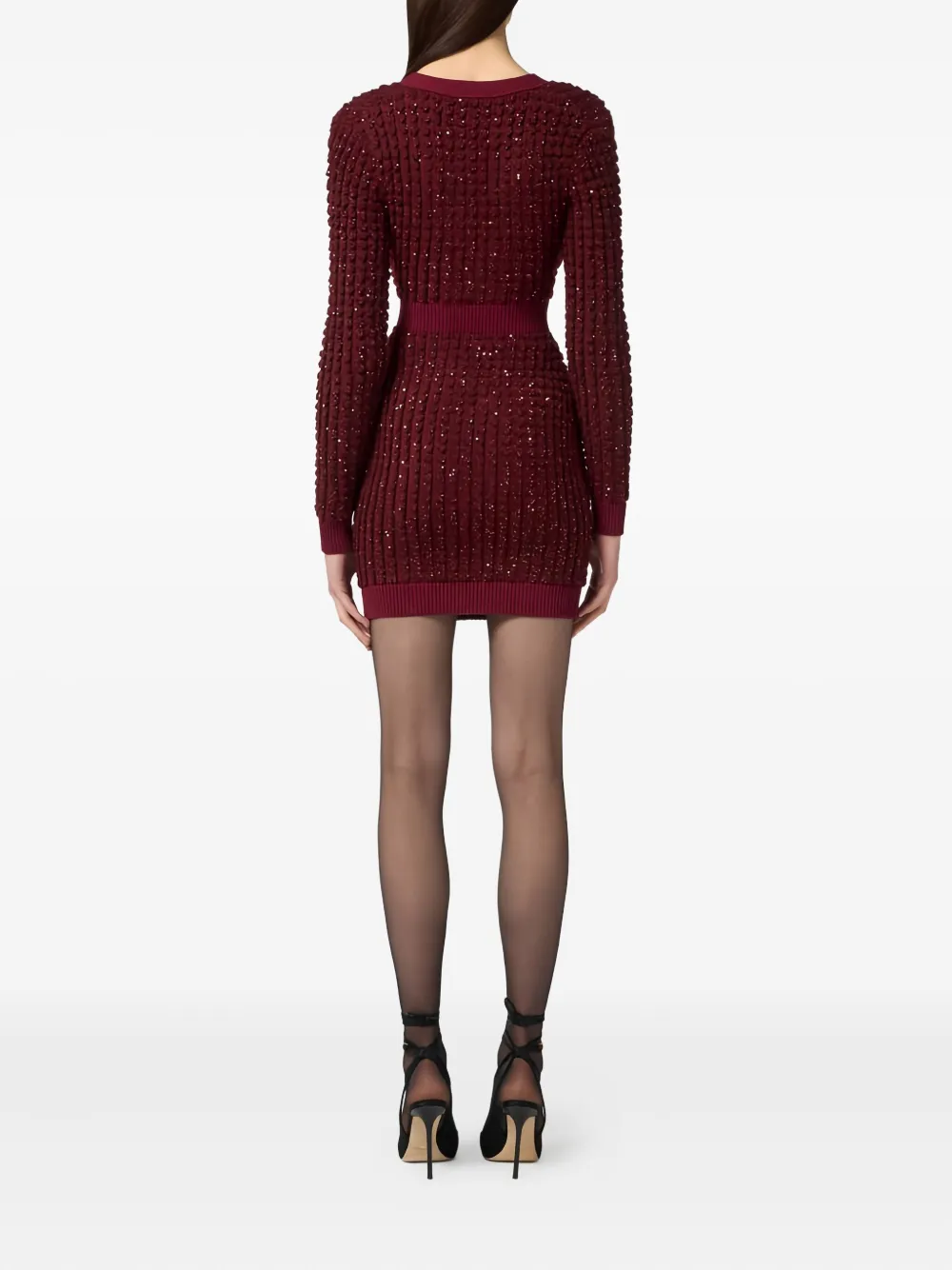 Elisabetta Franchi Boucle Knit Dress With Sequins In Burgundy