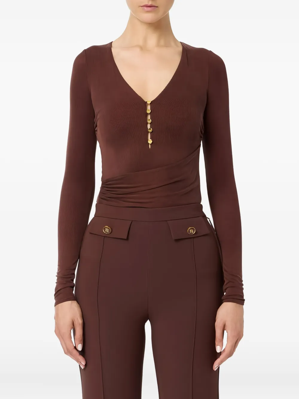 Elisabetta Franchi Button Draped Long-sleeve T-shirt In Brown