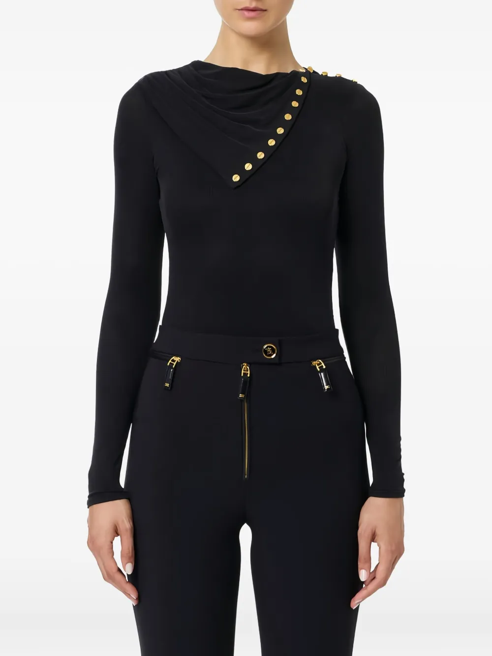 Elisabetta Franchi Draped Button Long-sleeve T-shirt In Black