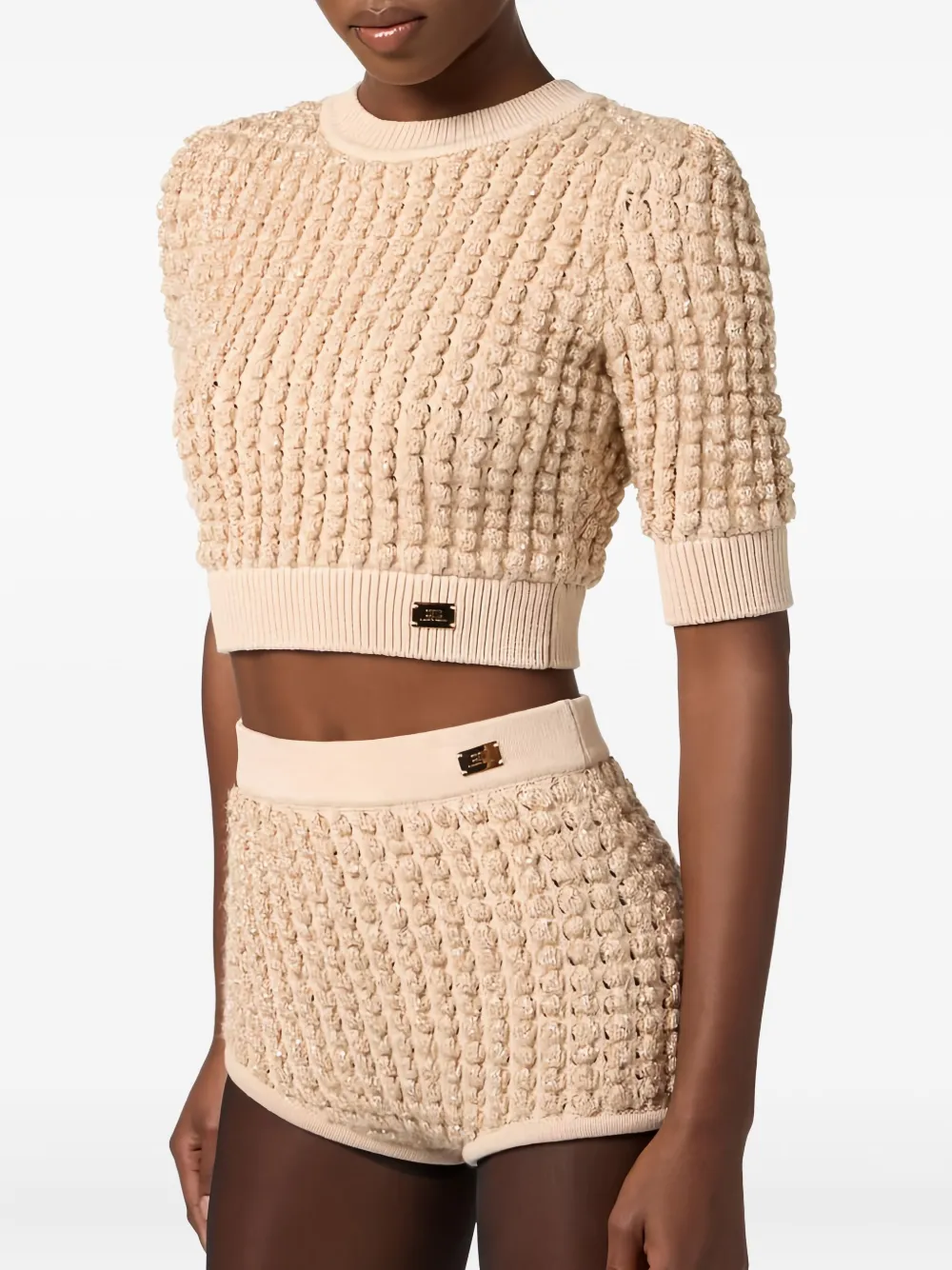 Elisabetta Franchi Cropped Knitted Top In Brown