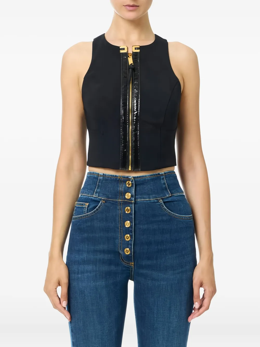 Elisabetta Franchi Cropped Zip-up Top In Black