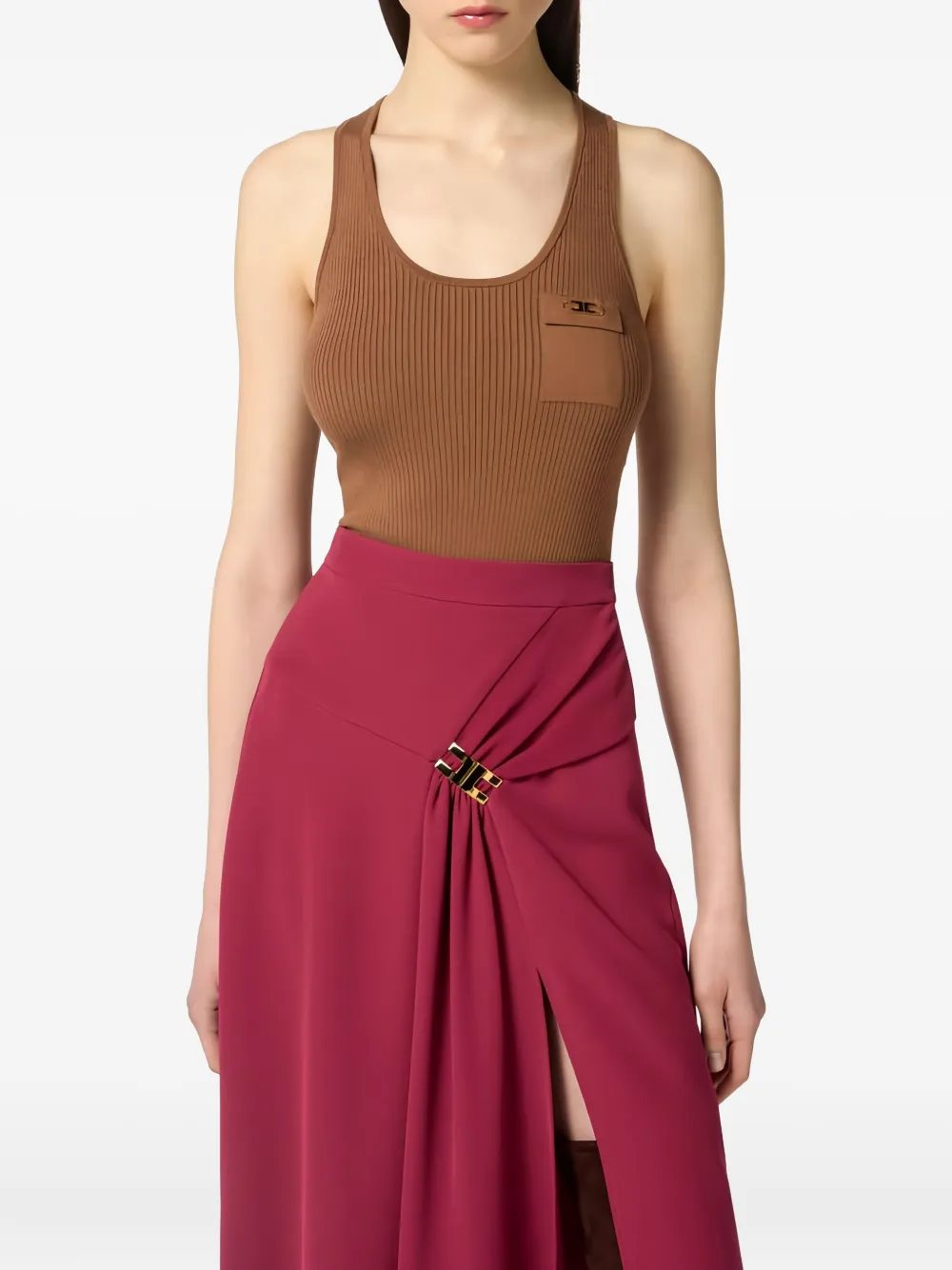 Elisabetta Franchi Geribbelde tanktop met borstzak Bruin
