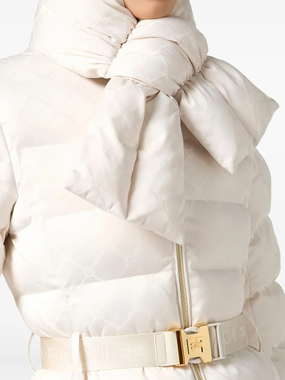 Elisabetta Franchi Jacquard Scarf-collar Down Coat In Neutral