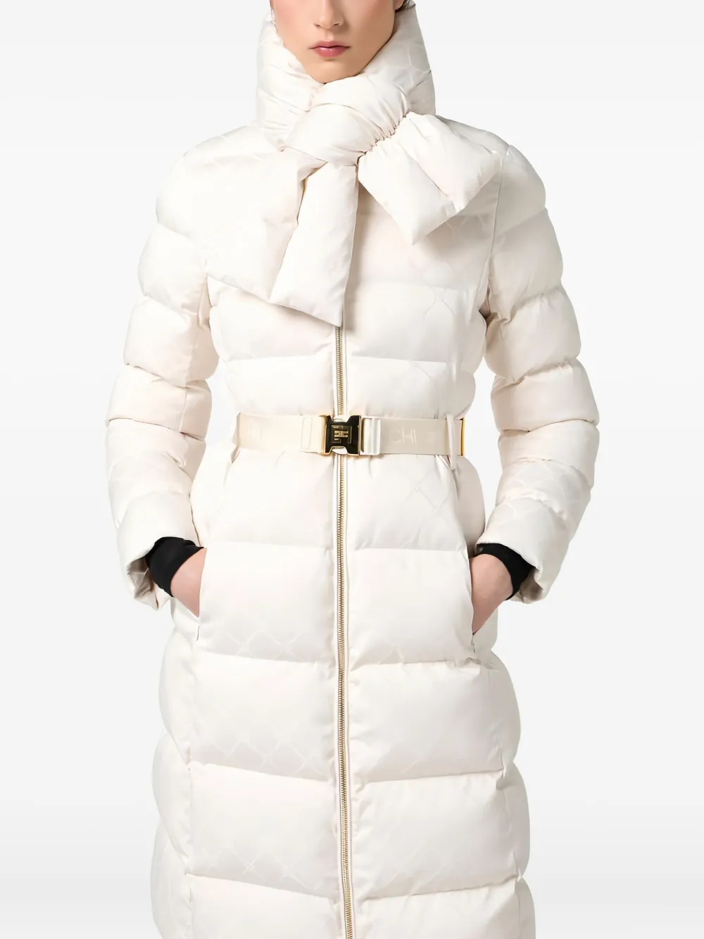 Elisabetta Franchi Jacquard Scarf-collar Down Coat In Neutral