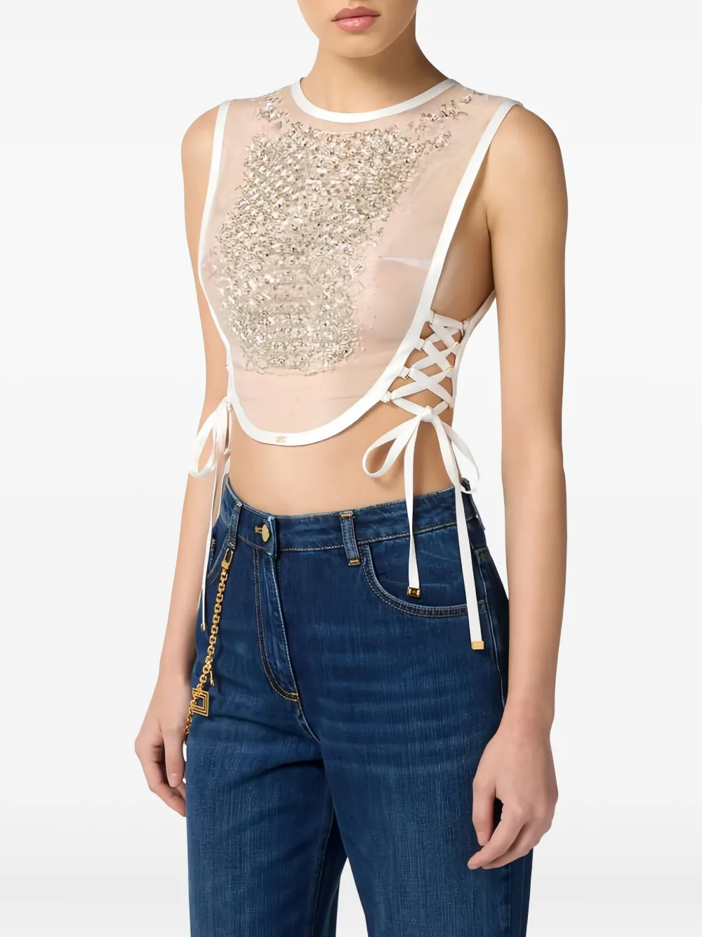 Elisabetta Franchi Crystal Snake Organza Top In White