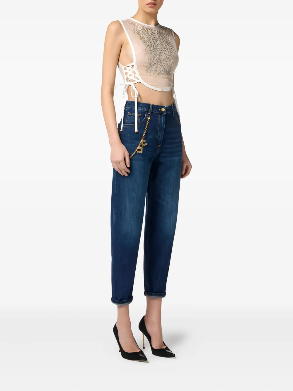 Elisabetta Franchi Crystal Snake Organza Top In White
