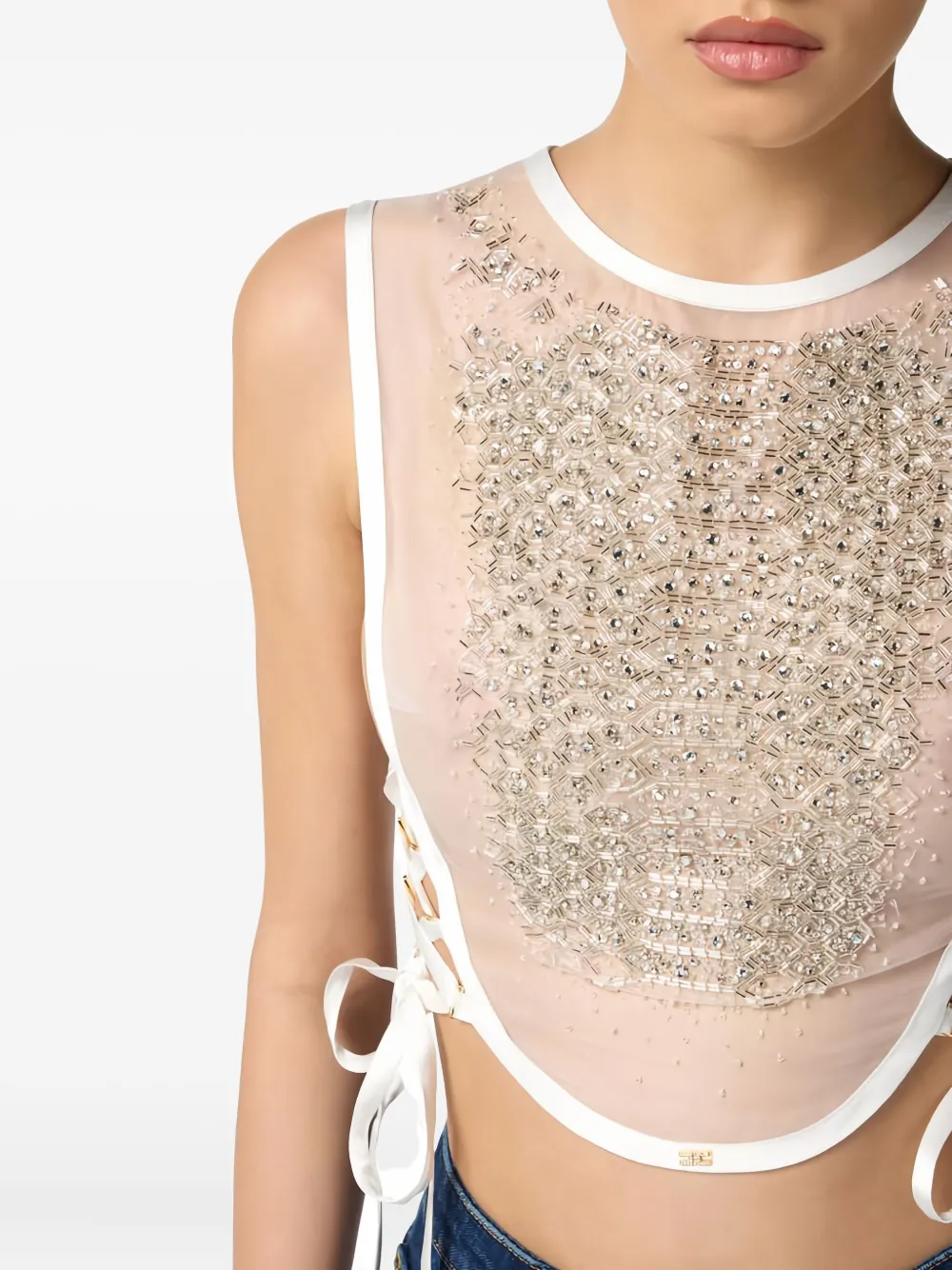 Elisabetta Franchi Crystal Snake Organza Top In White