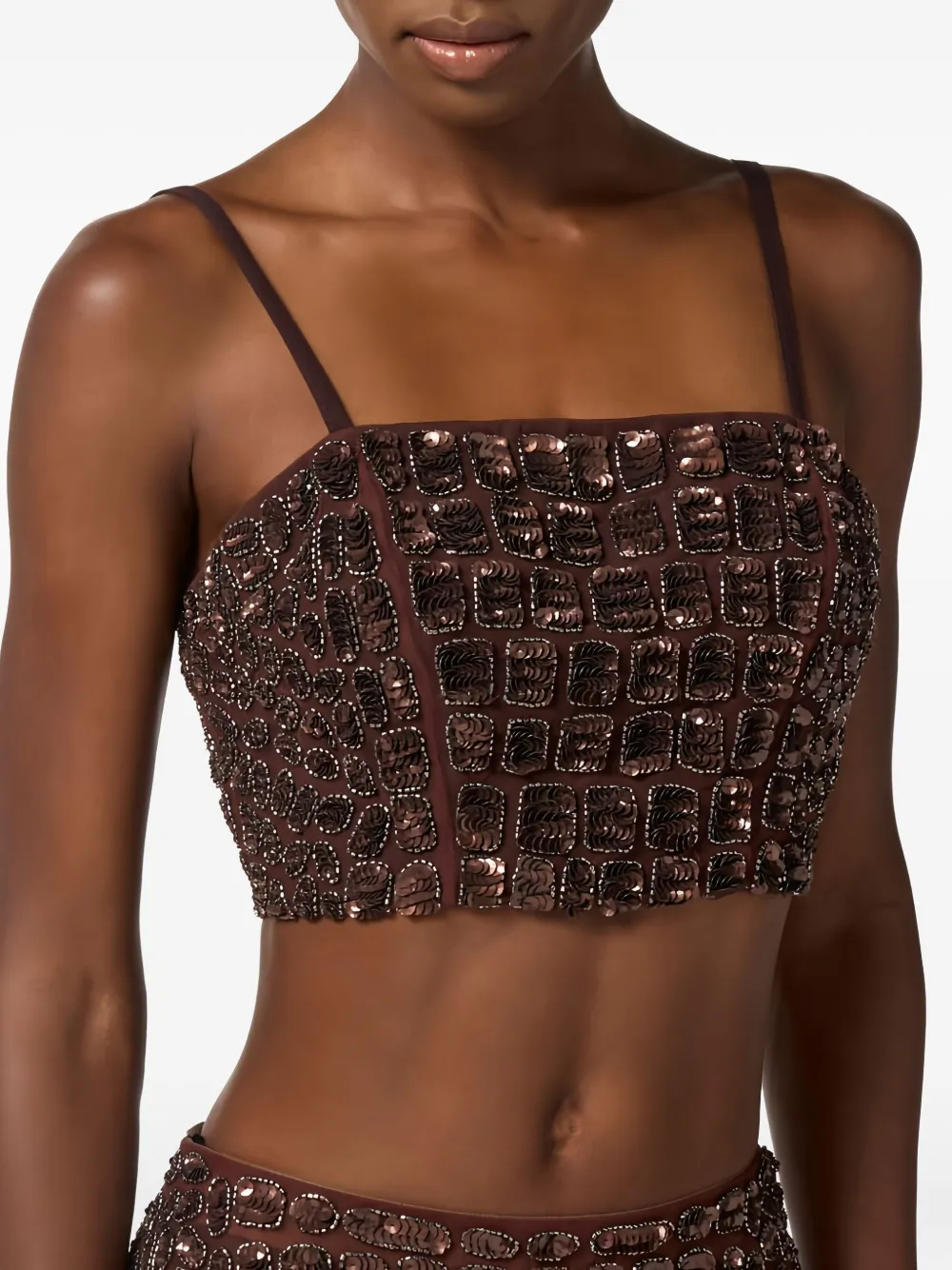 Elisabetta Franchi Tulle Crocodile-effect Top In Brown