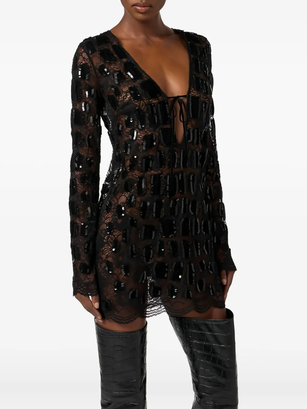 Elisabetta Franchi Long-sleeve Sequined Mini Dress In Black