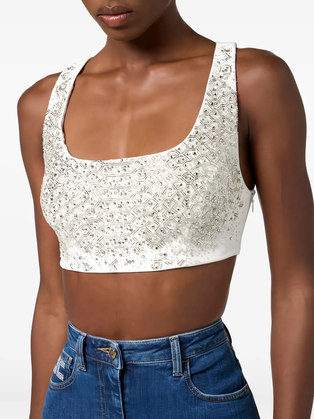 Elisabetta Franchi Crystal Embroidered Racerback Top In Neutral