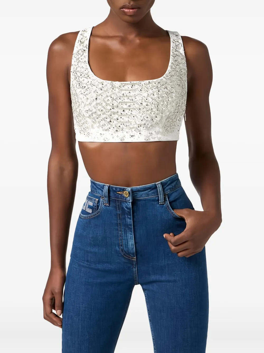 Elisabetta Franchi Crystal Embroidered Racerback Top In Neutral