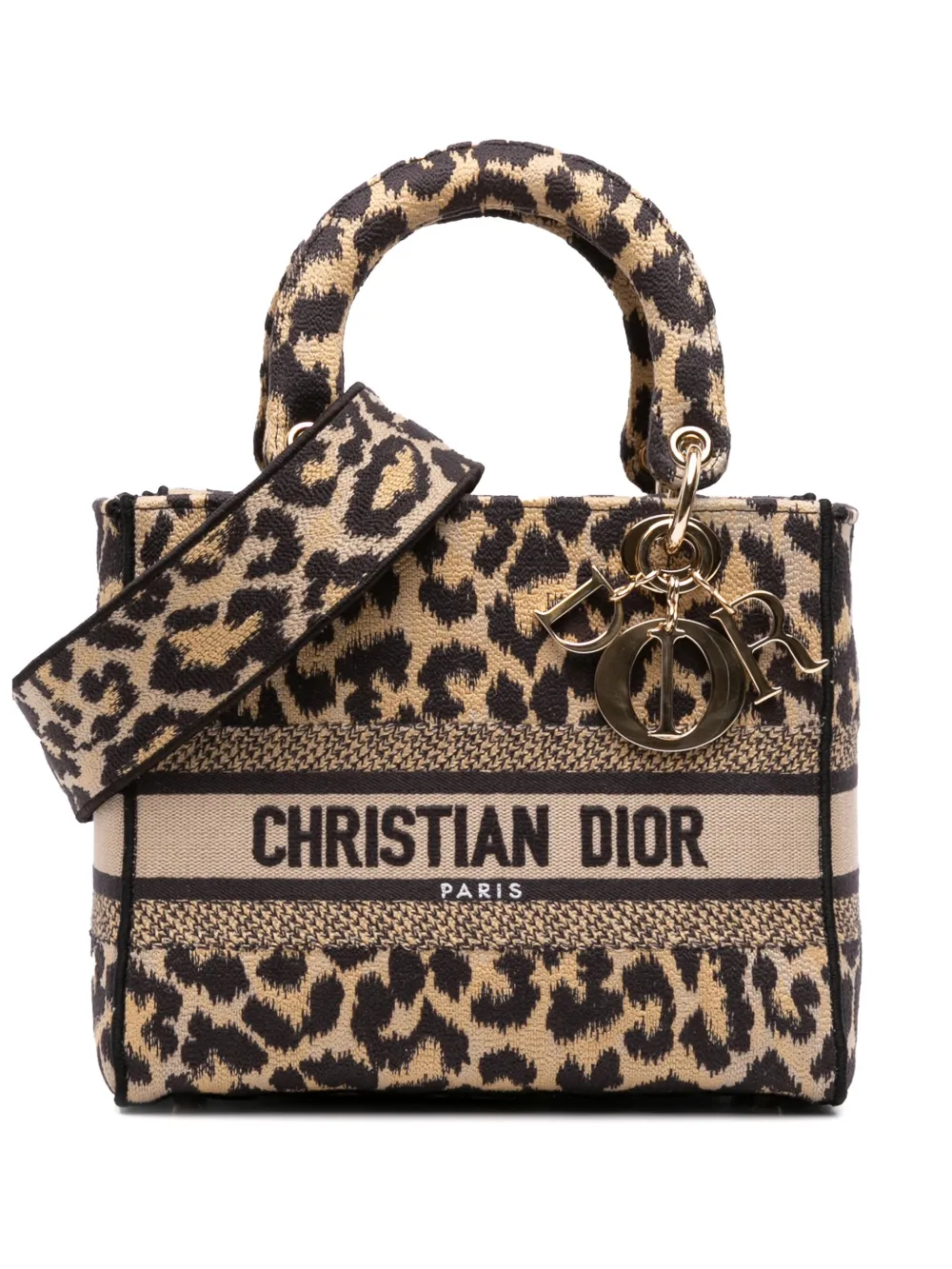 Pre-owned Dior 2021 Mizza Medium Leopard Embroidered Canvas Lady D Lite Satchel In Brown