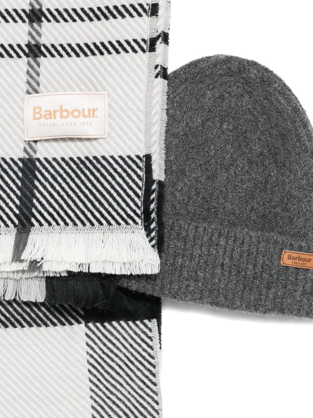 Barbour Logo-appliqué Plaid Scarf And Beanie Set In White
