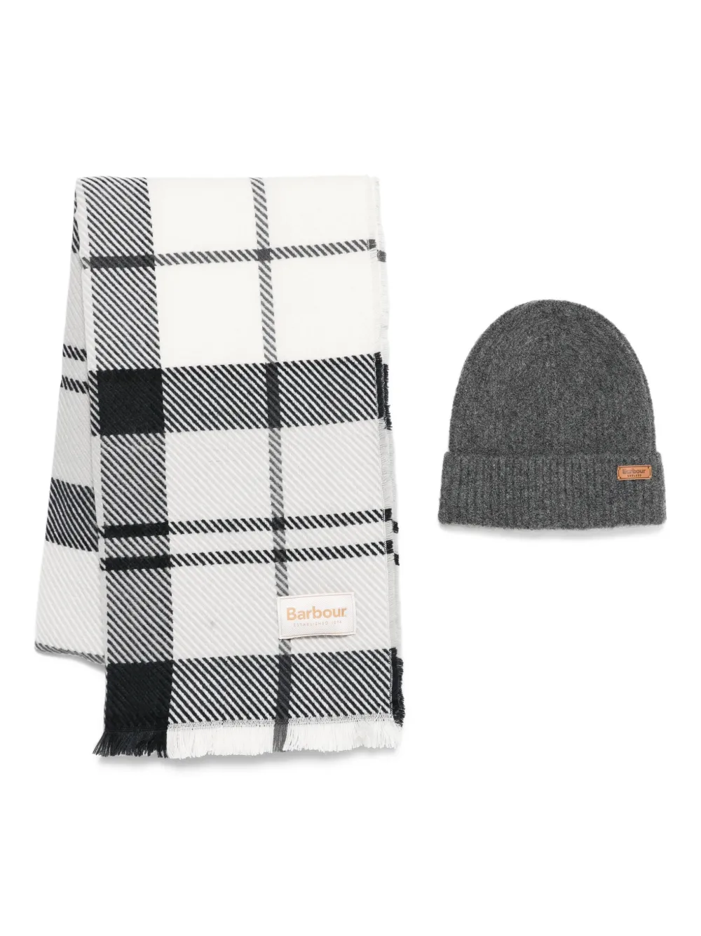 Barbour Logo-appliqué Plaid Scarf And Beanie Set In White