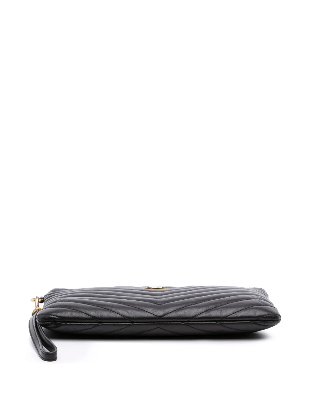 Pre-owned Saint Laurent 2016 Chevron Leather Monogram Zip A5 Wristlet Pouch Clutch Bag In Black