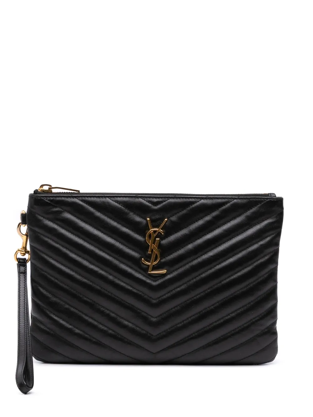 Saint Laurent Pre-Owned 2016 Chevron Leather Monogram Zip A5 Wristlet Pouch clutch bag | Black | Image 1