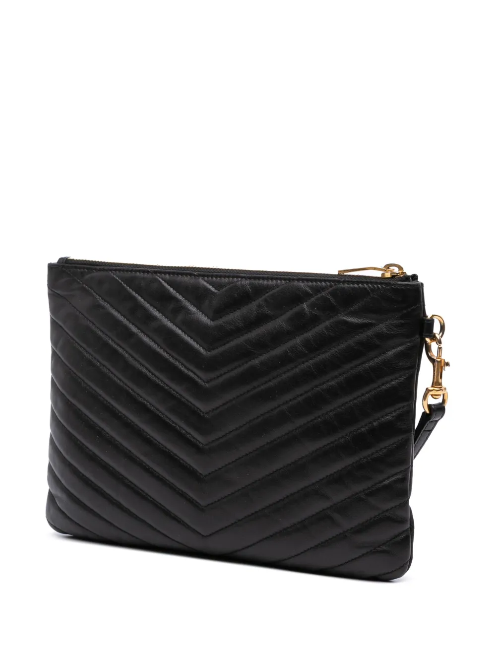 Pre-owned Saint Laurent 2016 Chevron Leather Monogram Zip A5 Wristlet Pouch Clutch Bag In Black