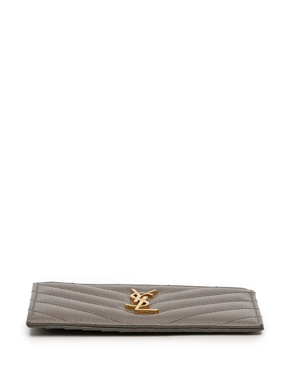 Pre-owned Saint Laurent 2022 Grain De Poudre Chevron Monogram Fragments Zippered Case Card Holder In Gray