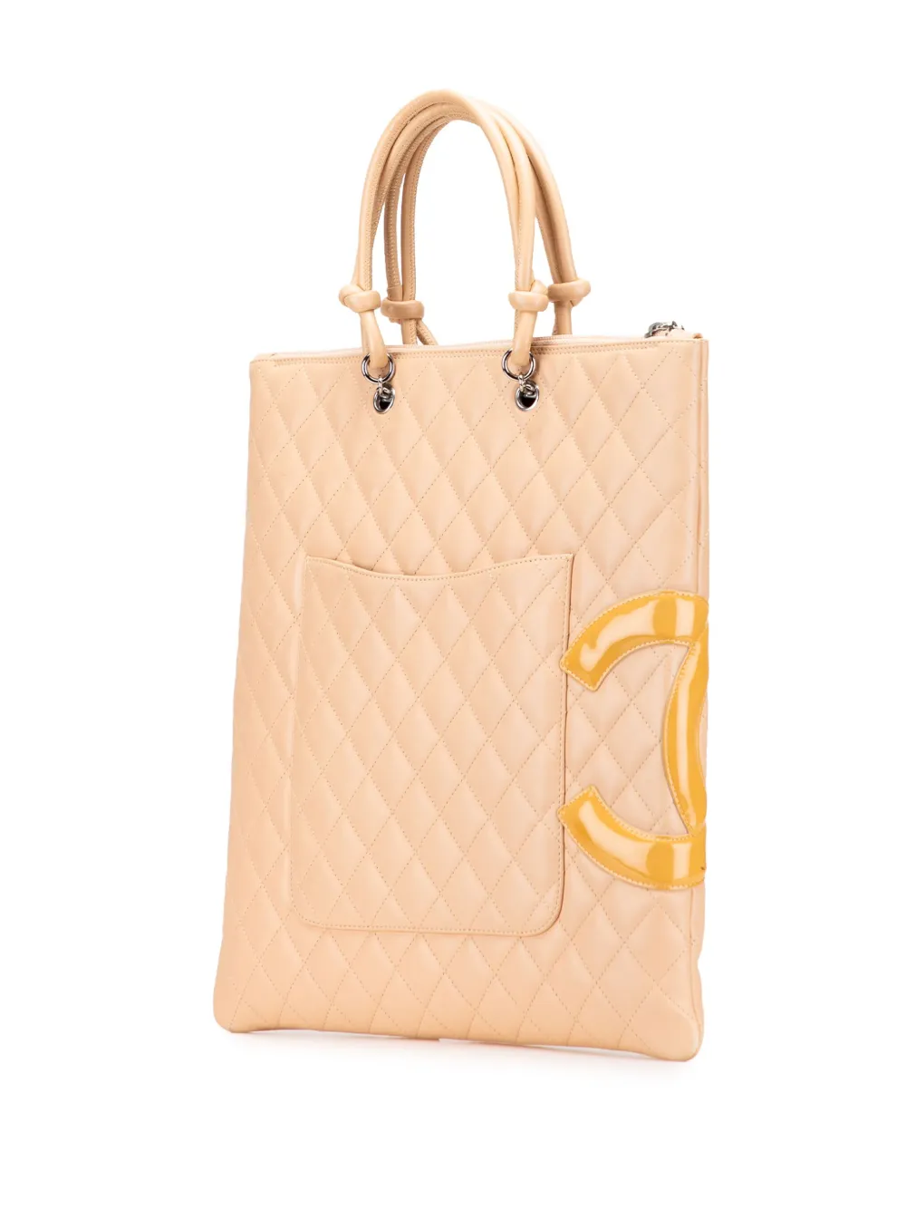 Pre-owned Chanel 2005-2006 Quilted Lambskin Cambon Ligne Flat Tote Bag In Brown