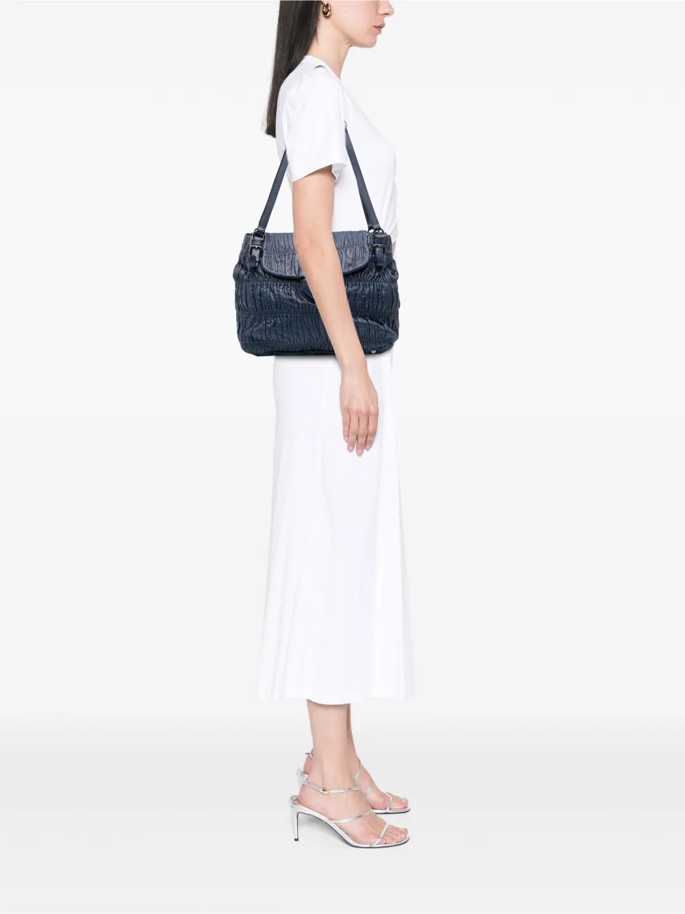 Pre-owned Prada 2000-2025 Nappa Gaufre Buckle Strap Shoulder Bag In Blue