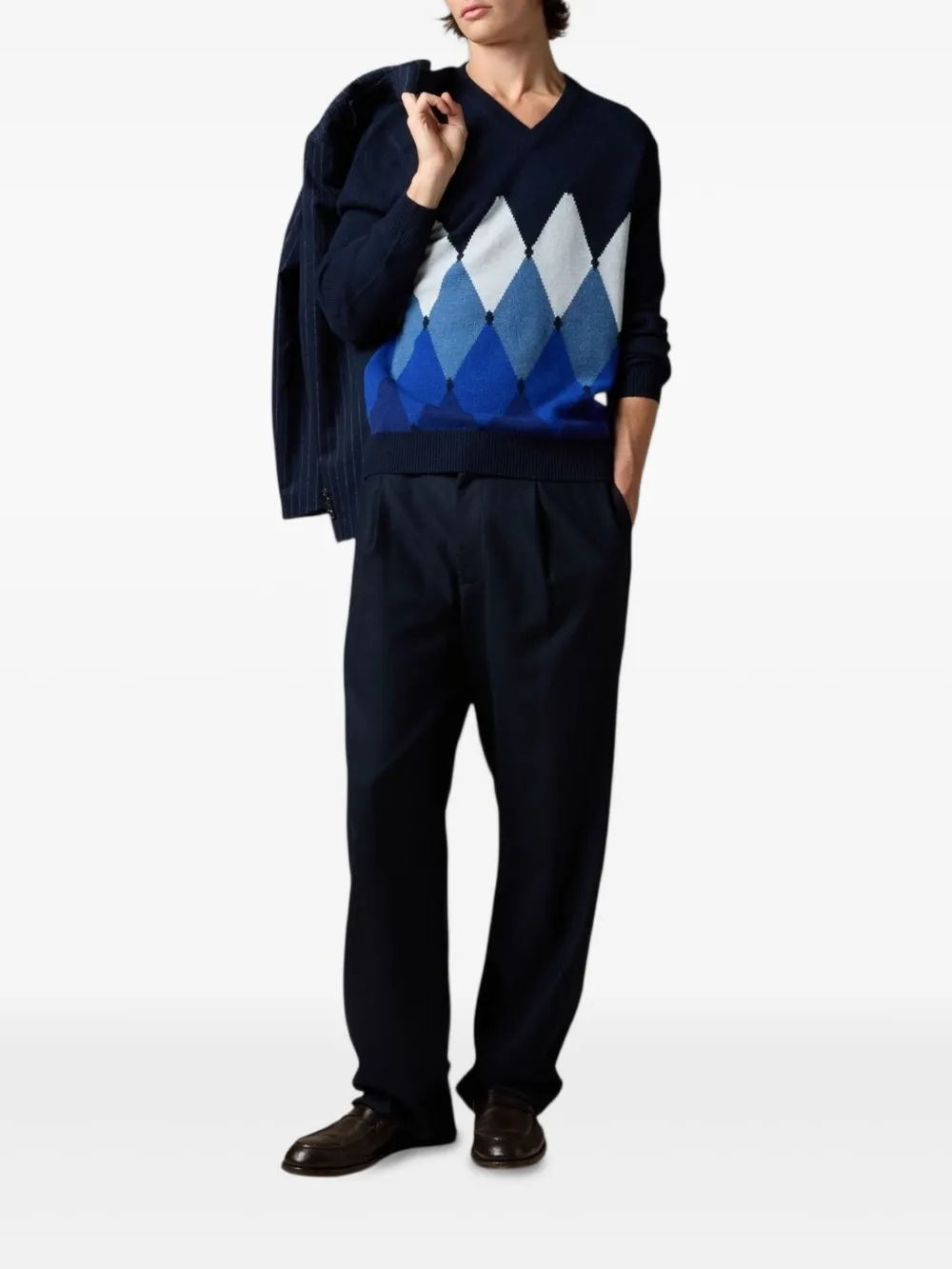 Ballantyne Trui met argyle patroon en V-hals - Blauw