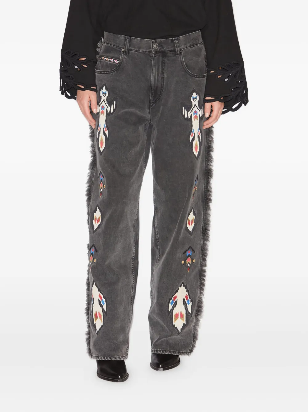 Isabel Marant Maella Fringed Embroidered Jeans In Gray